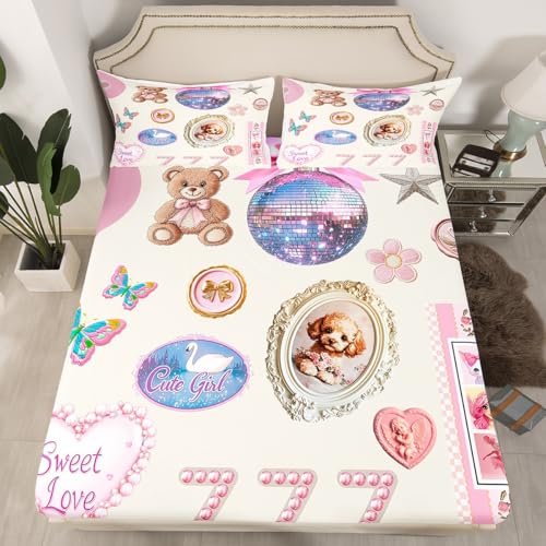 Nette Hund Bär Spannbettlaken L Größe,rosa Bowknot Bettwäsche Sets Kinder Mädchen Frau Teens Zimmer Dekor,Kawaii Blume und Schwan Bettlaken Süße Prinzessin Stil Tiefe Tasche Blatt,1 Kissenbezug