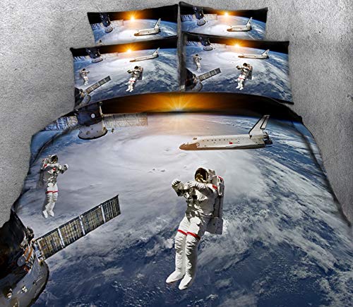 CHEBED Bettbezug 3D Effect 4 Teiliges Bettwäscheset Mit Bettbezug Astronauten Abenteuer Set Hypoallergen_150x200cm