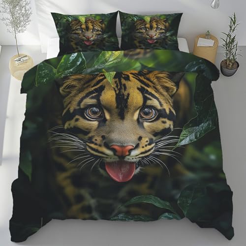 Sobhdga Tiger Dschungeltier Bettwäsche 135x200 3teilig, Tierwelt Wildtiere Bettwäsche-Sets Mikrofaser, Tropenwald Bettbezug Weich, mit Reißverschluss Und 2 Kissenbezug 80x80 cm