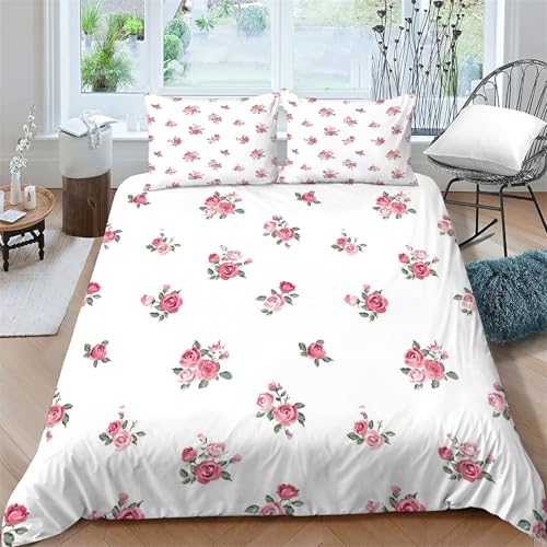 BettwäSche 200x200 Rose Bettbezug Set 3 Teilig Blumen Flauschig BettbezüGe und 2 Kissenbezug 80x80, Allergiker BettwäSche-Sets Weiche Microfaser mit ReißVerschluss ba10