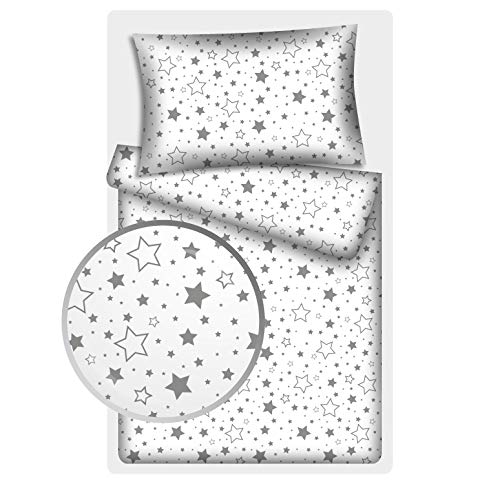 KiGATEX Kinderbettwäsche Stars 2-TLG. 100% Baumwolle 40x60 + 100x135 cm mit Reißverschluss (Sterne Mix Grau)