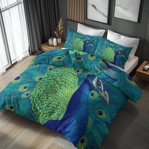 Generisch Mikrofaser Bettwäsche 155x220 Pfau 2tlg - Exotische Orientalischer Vogel Wendebettwäsche Deko, Weiche Bügelfreie Bettbezug mit Reißverschluss, 1 Kissenbezug 80x80 AC138