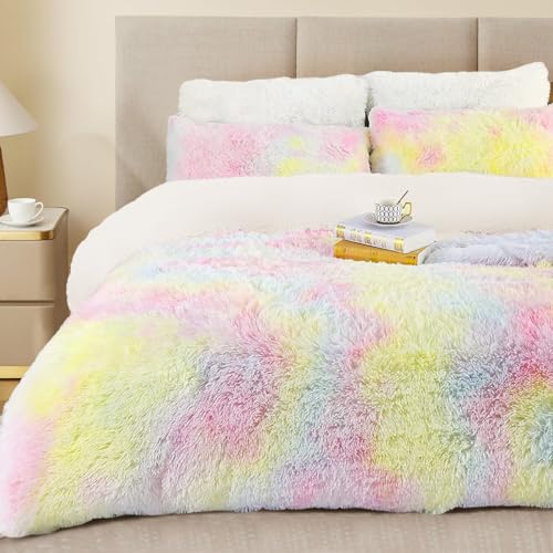 Sacebeleu Winter Plüsch Bettwäsche 200x220 cm Bunt Rosa Langhaar Flauschig Flanell Biber Bettbezug Warme Deckenbezug Bettbezug und 2 Kissenbezug 80x80cm mit Reißverschluss