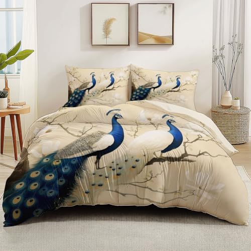 Bettbezüge Set 200 x 200 cm Einfache Pflege 3-Teiliges Mikrofaser mit Reißverschluss 1 Bettbezug und 2 Kissenbezug, Sommer-Bettwäsche-Set Orientalisch Traditionell Vögel Thema, Aprikose