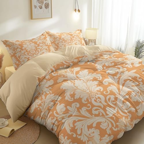Wendbares Bettbezug Set Beige– Gebürsteter Mikrofaser Hautfreundlich Elegant Vintage Spitzen- Und Damastlinien Bedruckt Bettwäsche-Set für Kinder Teenager Erwachsene, 200 x 220 cm
