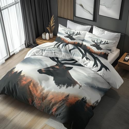 NOGAWA Bettwäsche 200x220 Hirsche - Wildtiere Rustikal Jagd Bettbezug 200x220 3 teilig, Weich & Bügelfrei Mikrofaser Bettwäsche-Sets, Wendebettwäsche mit Reißverschluss und 2 Kissenbezug 80x80
