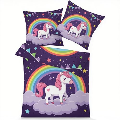 GEDAEUBA Einhorn Kinder Bettwäsche 135x200 - Regenbogen Sterne Bettbezug, Wendebettwäsche und Kissenbezug 80x80, Weiche & Angenehme Mikrofaser Bettwäsche-Sets mit Reißverschluss