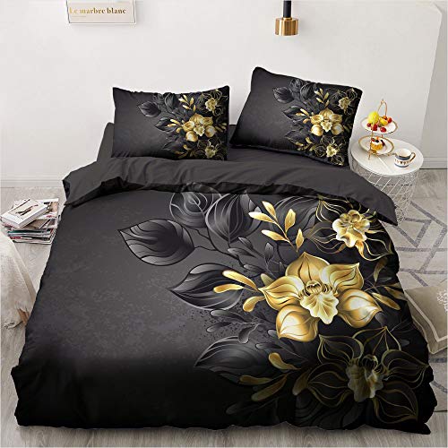 Luowei Blumen Bettwäsche 135x200cm 4 Teilig Schwarz Gold Romantische Floral Bettbezug mit Reißverschluss Microfaser Deckenbezug und 2 Kissenbezüge 80 x 80 cm
