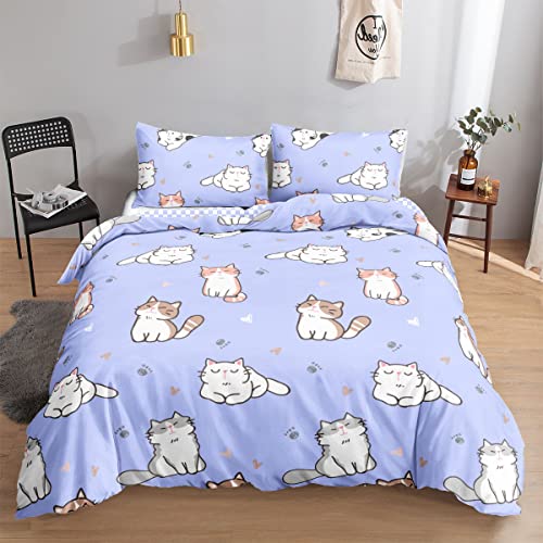 HOSIMA Katzen-Bettwäsche-Set, Bettbezug-Set für Erwachsene, Jungen und Mädchen, niedliche lila Katze, Schachbrettmuster, Bettbezug mit Kissenbezügen (lila Katze S)