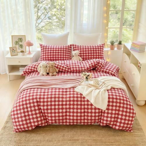Covebett Herz Bettwäsche 140x200 Rot Weiß Kariert mit Kleinen Herzen Muster Bettbezug Set 2teilig Aesthetic Herzchen Mädchen Weich Mikrofaser Bettwäsche-Sets mit Reißverschluss und Kissenbezug 70x90cm