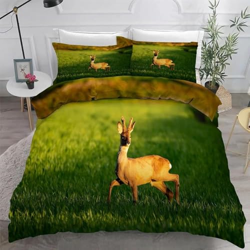 Bettwäsche 140x200 Hirsch 3D Druck Bettbezug Kuschelig Weich Mikrofaser Bettwäsche Set 3 Teilig Bettwäsche-Sets Wilde Tiere Bettbezüge mit Reißverschluss und 2 Kissenbezüge 80x80 cm A/1695