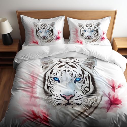 Quixora Bettwäsche Set 135 x 200 Bengalischer Tiger Aquarellstil Muster Microfaser Einzelbett Wendebettwäsche Bettbezug mit Reißverschluss 3 Teilig Weiche Bettwäsche + Kissenbezüge 80x80 cm