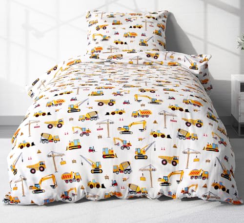 Heubergshop 2 teilige Renforcé Bettwäsche 135x200cm und 80x80cm - Bagger, Baufahrzeuge, Kräne - Kinderbettwäsche aus 100% Baumwolle, Kinder (EW-Bagger-135x200)