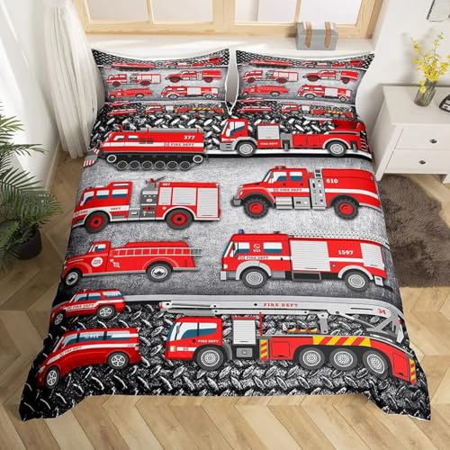 Feuerwehrwagen Kinder Jungen Bettwäsche Sets, Cartoon Auto Bett Feuerwehr Fahrzeug Bettbezug 135x200 cm Und Kissenbezug 80x80 (A2,220x240cm + 75x50 cm)