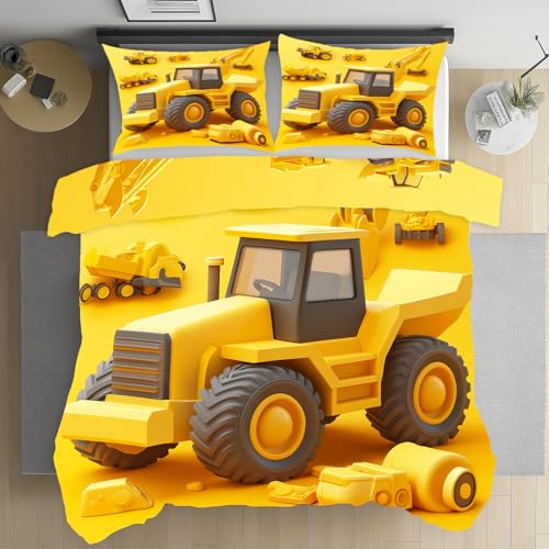 Pggong Traktor Baufahrzeuge Gelb SommerBettwäsche 200x200 Jungen Mädchen Dekor Bettwäsche-Sets 3teilig mit 2 Kissenbezüge 80x80 cm Bügelfreie Bettbezüge Deckenbezug mit Reißverschluss