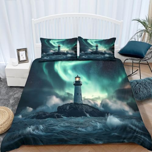 Bettwäsche 155 x 220 cm 3teilig Leuchtturm Polarlicht Wasserwelle Bettwaren-Sets Mikrofaser Weichem bettwäsche Luxus Grau Bettbezug mit Reißverschluss und 2 Kissenbezug 80x80cm