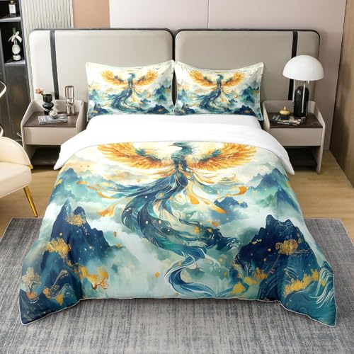 Phoenix 100% Baumwolle Bettwäsche Set 135x200,Gradient Bird Magische Tier Bettbezug,Mysteriöse Orientalische Tröster Abdeckung,Exotische Chinesische Malerei Aquarell Bettbezug