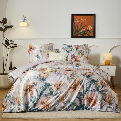 YASMENG Satin Bettwäsche 135x200 Blumen Motive Satin Bettwäsche Glänzend Glatt Deluxe Bettbezug Set Weich Kuschelig Seidig Seide Bettwäsche 2teilig mit Reißverschluss und 80x80 cm Kissenbezug