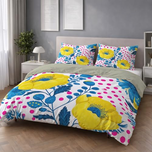 Weiß Flauschige Zweiseitig Bettwäsche Set - Skandinavisch Blumenmuster Punkte Verspielt - Bettwäsche Kuschlig Weich Farbbeständig Bügelfrei Microfaser Bettbezug 155 x 220 mit Reißverschluss