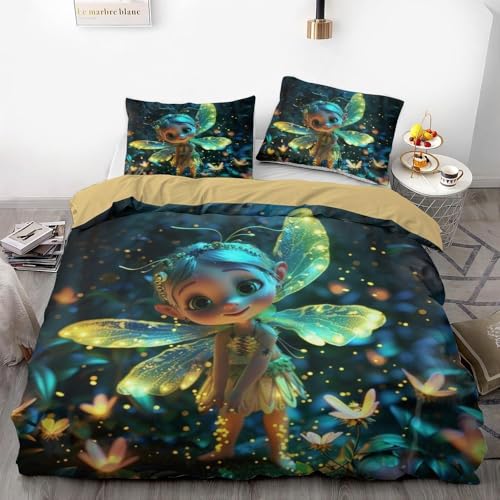 Dreiteiliges Firefly Feen-Bettwäsche-Set, leuchtet im Dunkeln, Fantasy-Stil, niedliches Cartoon-Feen-Design, weiches Mikrofaser-Material (01,135 x 200 cm + 80 x 80 cm x 2)