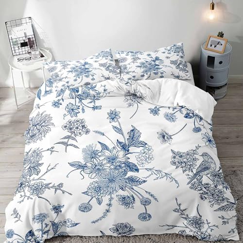 LUVIVIHOME 2-teiliges Bettwäsche-Set mit blauem Blumenmuster, weißer Bettbezug, Vintage, Retro, rustikales Bauernhaus, Landhausstil, Boho, ästhetisch, botanischer Vogel, Blume, Wildblume,