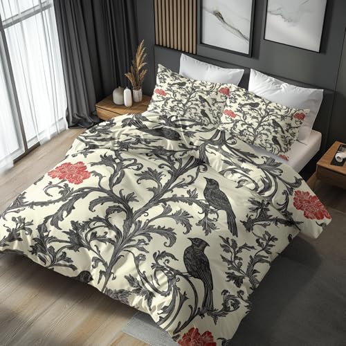 NOGAWA Bettwäsche 135x200 William Morris - Blumen Vogel Bettbezug 135x200 2er Set, Weich & Bügelfrei Mikrofaser Bettwäsche-Sets, Wendebettwäsche mit Reißverschluss und 1 Kissenbezug 80x80