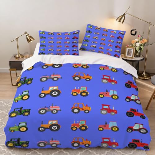 Hongduo 3D Karikatur Traktor Bettwäsche 135x200 cm Weich Mikrofaser Niedlicher Fahrzeugdruck Bettwäsche-Sets mit Reißverschluss 3 Teilig Bettbezüge mit 2 Kissenbezug 80x80 cm