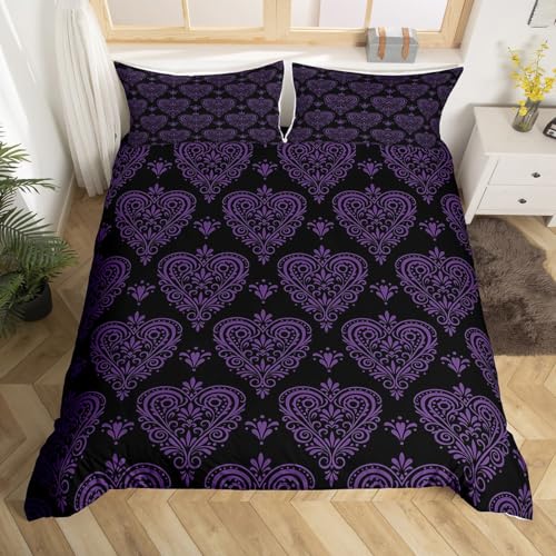 Schwarz Lila Damast Floral Print Bettbezug Set S Größe,Europäische Barock Muster Bettwäsche Kinder Mädchen Erwachsenenzimmer Dekor,Vintage Luxus Bohemian Tröster Abdeckung Exotische Quilt Cover