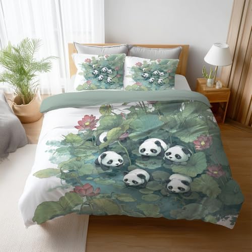 Grün Bettwäsche Set (200 x 200) - Flauschige Hell Bettwäsche - Atmungsaktiv Warm Hautfreundlich – Weiche Bettwäsche - Mit Reißverschluss - Orientalisch Panda Lotus Entzückend