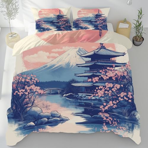 Japan Kirschblüten Mount Fuji Bettbezug 135x200cm,Orientalisch Architektur Komfortable Weiche Bettwäsche 3-Teilig mit Reißverschluss,Bettwäsc he Sets mit 2 mal Kissenbezüge,Bettbezug für Jugendliche
