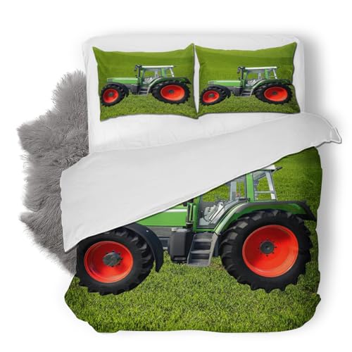 Traktor Bettwäsche 200x200 cm Weiche Mikrofaser Jungen Bettwäsche-Set mit Reißverschluss 3 Teilig Bettbezug mit Kissenbezug 80x80 cm