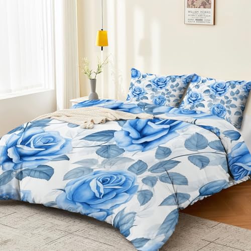 Bettbezug-Set Wendbare Bettwäsche Blaue Rosen, Elegante Hand gezeichnet Deckenbezug 260 x 220 cm 2 Kissenbezug 80x80, Deko, Weiche Mikrofaser Bettbezug Set mit Blau Weiß