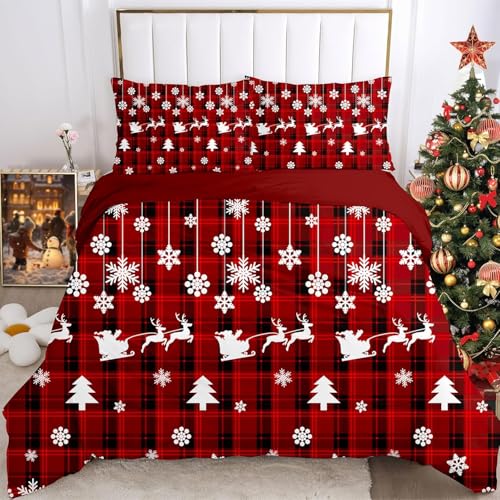 Weihnachtsrentier Bettwäsche 155x220 3D Bettwäsche-Sets Rot Kariert Bettbezüge Weiche Kuschelig Mikrofaser 3 Teilig Bettbezug mit Reißverschluss und 2 Kissenbezüge 80x80 cm C-3214