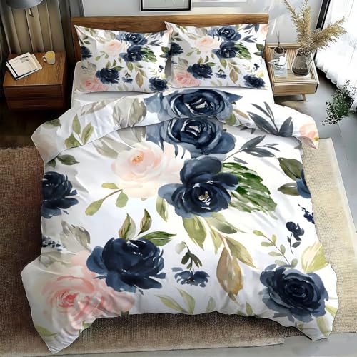 Generisch BettwäSche 135x200 Aquarellrosen Bettbezug Set 3 Teilig Landhausstil BettbezüGe und 2 Kissenbezug 80x80, BettwäSche-Sets Weiche Microfaser mit ReißVerschluss PA356