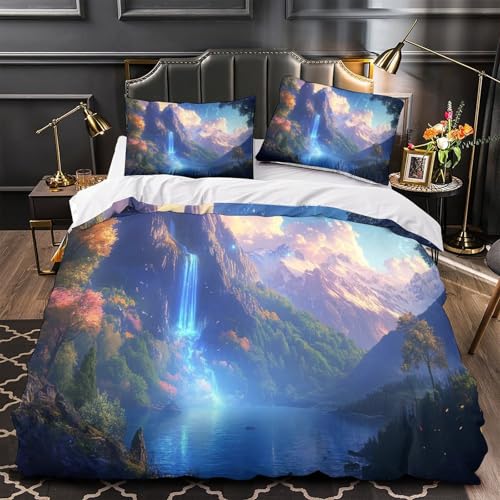 RJAVAGFZL Fantasieberg 3D-Bedruckt 3er-Set Kuschelbezug magische Landschaftskunst Bettbezug Mikrofaser Reißverschluss Staubmilbenfest für Kleinkinder Kinder Erwachsene Single?140x200cm?