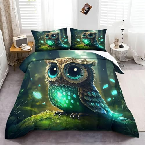 KaiHeBeding GrüN BettwäSche 135x200 Eule BettwäSche-Sets Weich BüGelfrei Bettbezug und Kissenbezug 80x80 BettwäSche Set mit ReißVerschluss füR Einzelbett