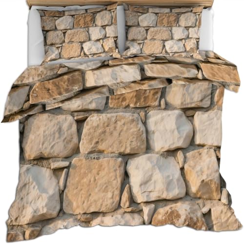 Generisch Bettwäsche 135x200 Steinmauer Bettbezug 135 x 200 2 Teilig Landhausstil Bettwäsche-Sets 3D Muster Weiche Mikrofaser Bettbezüge mit 1 Kissenbezug 80x80 cm D0926