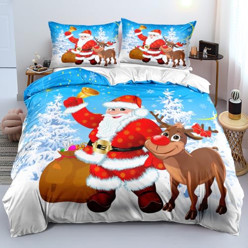 YASMENG Weihnachten Bettwäsche 135x200 4 Teilig Weihnachts Rot Blau 3D Bettwäsche Weihnachten Weich Christmas Bettbezug Set für Jugendliche Kinder Geschenke mit Reißverschluss und 2 Kissenbezüge 80x80