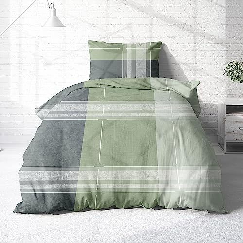 Träumschön Biber Bettwäsche Set 2tlg 135x200 cm + 80x80 cm – Flauschige Bettwäsche Grün/Grau – Weiche Winterbettwäsche Kariert - Atmungsaktiv, Warm & Hautfreundlich - 100% Baumwolle