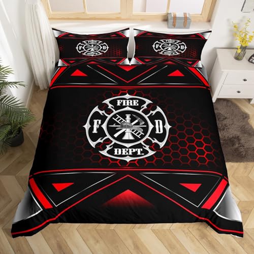 richhome Feuerbekämpfung Bettbezug Set 135x200,Geometrische Waben Hexagon abstrakte Bettwäsche Set, Feuerwehr Mode Tröster Bezug, Rot Schwarz Quilt Cover, 1 Kissenbezug