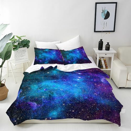 ANHOPE Weltraum Blau Lila Galaxie Bettwäsche Set Weich Microfaser Bettbezüge mit Reißverschluss 3 Teilig Bettbezug 200x200 cm & 2 Kissenbezug 80x80 cm Bettdeckenbezug Set für Kinder Jungen Mädchen