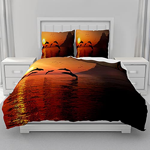 Morbuy Delfin Drucken Bettwäsche + Kissenbezug 80x80cm, Weiche Mikrofaser Bettwäsche-Set 3D Tier Bettwäsche Set Bettbezug Set mit Reißverschluss (135x200cm,Twilight Dolphin)