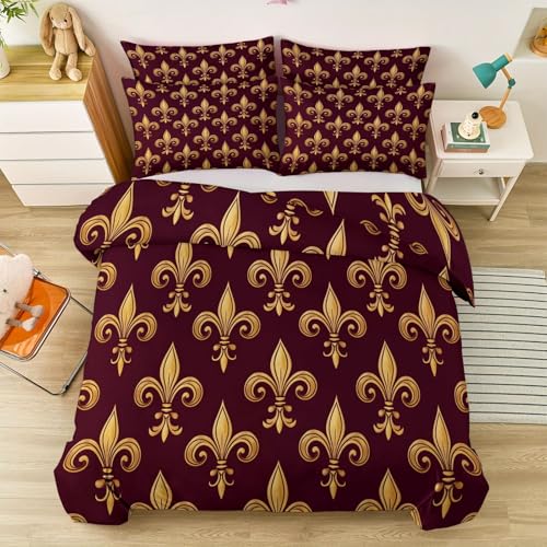 Bettwäsche Set Neoklassizistischer Stil Iris Muster 135 cm X 200 cm Mikrofaser Wendebettwäsche Mit Reißverschluss 3-Teilig 1X Bettbezug + 2 Kissenbezug 80X80 cm Pflegeleicht Weinrot