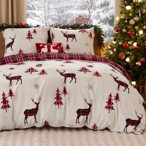 BEDSURE Bettwäsche 155x220 3teilig Weihnachts   Bettwäsche Sets Rentier Bettbezug 155x220 2 Kissenbezüge 80x80 cm, Büffelkaro Design Bedding Muster Rot Reißverschluss