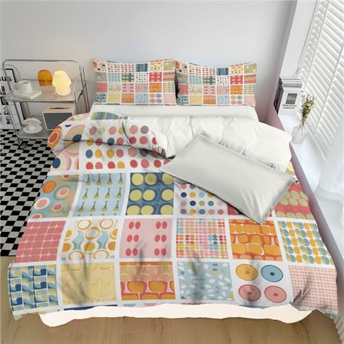 WunM Studio Bettwäsche 135 * 200cm Hellbeige Vintage-Landhaus-Patchwor k Bettbezug Set 2 Teilig Bunte Punkte Blümchen Blumenmuster Weich Bettwäsche-Sets mit 1 Kissenbezüge 80x80 cm und Reißverschluss