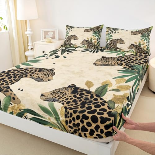 Wilde Leopard Kids M Größe Einbaublatt, Gepard Tierpflanze Blätter Jungen, Botanische Wildtiere Wilde Safari, Beige Braune Bettwäsche Set, 1 Kissenbezug (Keine Wohnung)
