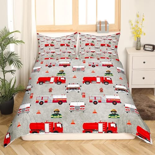Loussiesd Feuerwehrmann Bettwäsche 155x220cm Jungen Feuerwehr Feuerwehrmann Bettbezug Set Rotes Feuerwehrauto Fahrzeug Muster Bettwäsche Set Kinder Schlafzimmer Dekor Mit 1 Kissenbezug 80x80cm