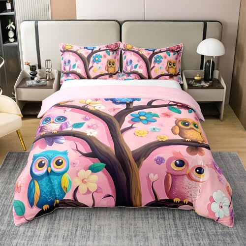 Loussiesd Eule Bettbezug für Kinder Jungen Mädchen Vogel Dekor 100% Baumwolle Bettwäsche Set 135x200cm Bunte Baum Betten Cartoon Eulen Design Bettwäsche-Set Pink
