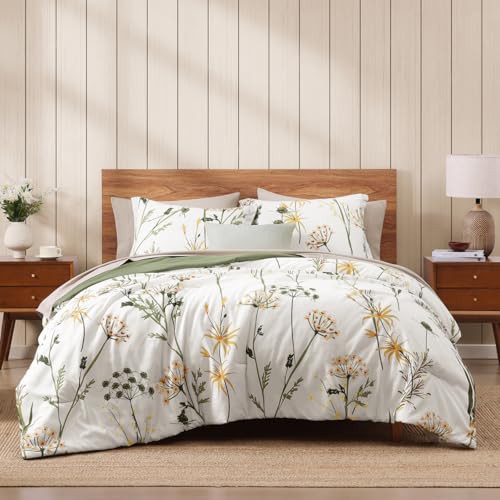 WRENSONGE Botanical Tröster-Set Queen-Size-7-teilig Pusteblume Bett in einer Tasche mit Blumenmuster, weiches Blumenmuster, komplettes Bettwäsche-Set mit Laken für alle Jahreszeiten