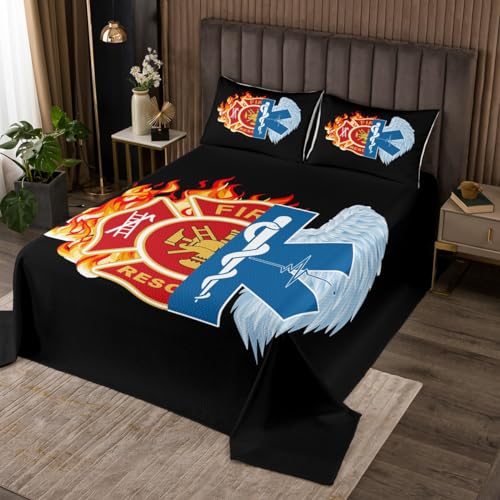 feelingyou Feuerwehr Quilt Bettwäsche Set M Größe, Praktizierender Feuerwehr Abzeichen Coverlet für Mädchen Teens, rote Flamme Blaue Feder Flügel Weiche Polyester Quilt Set, die ganze Saison